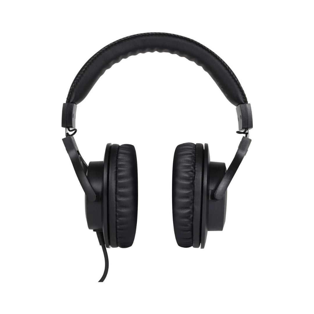Black headphones on a white background