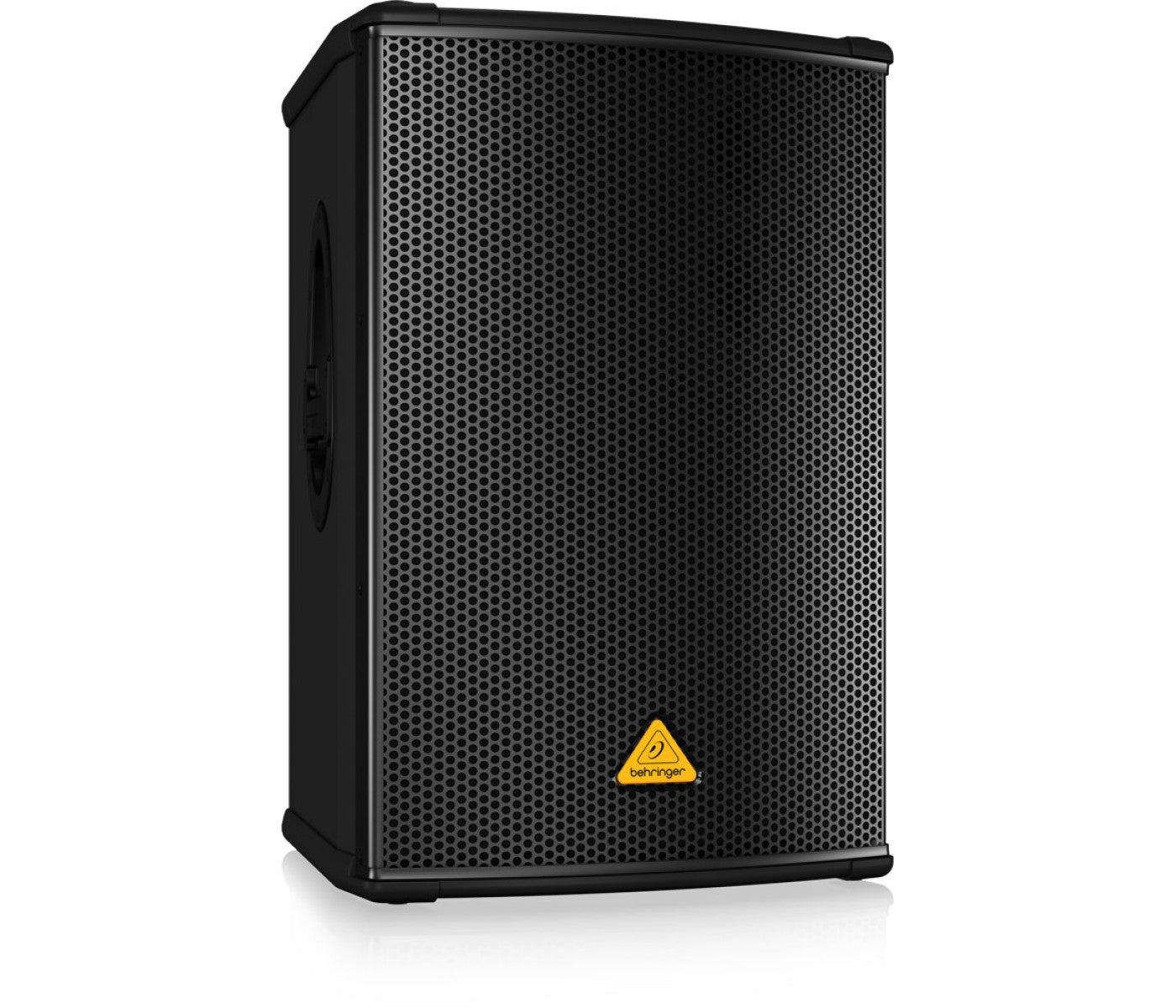 Black speaker with a visible brand logo on a white background