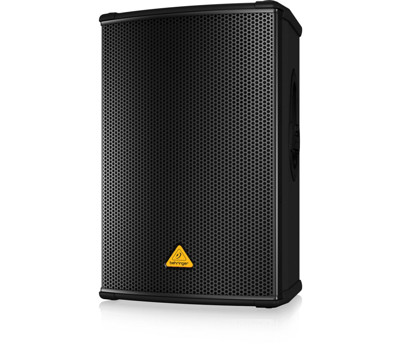 Black speaker with a visible brand logo on a white background