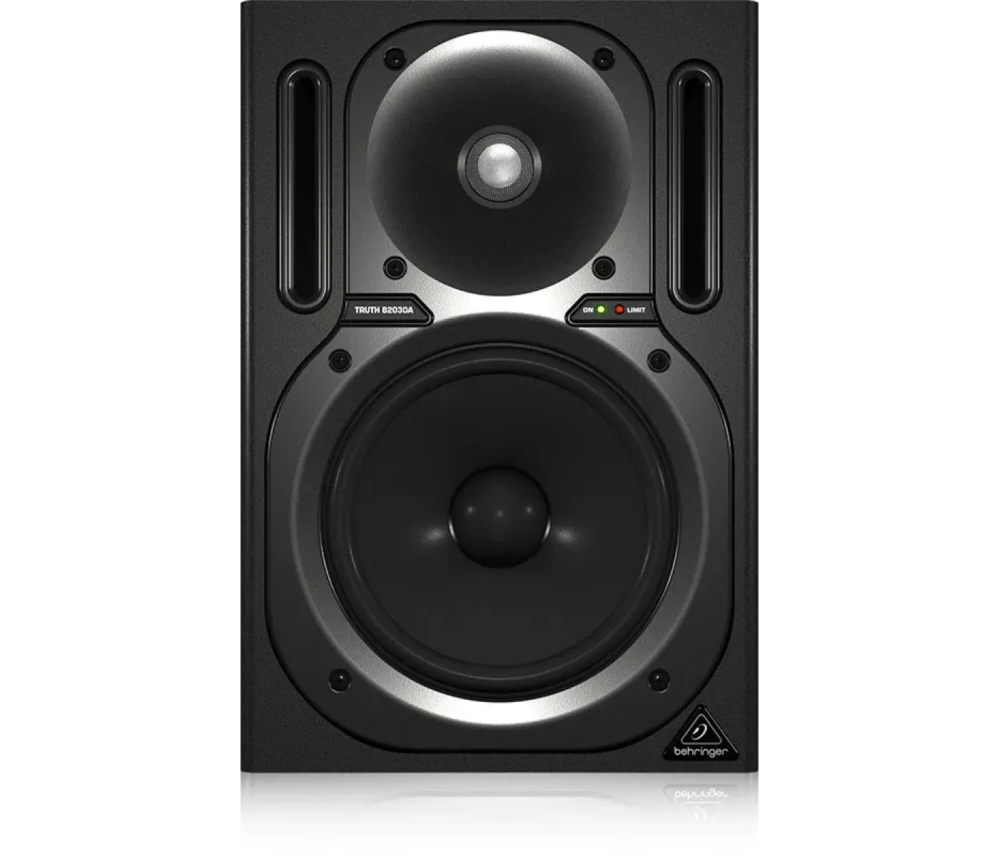 Black studio monitor speaker with visible brand logo on a white background