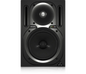 Black studio monitor speaker with visible brand logo on a white background