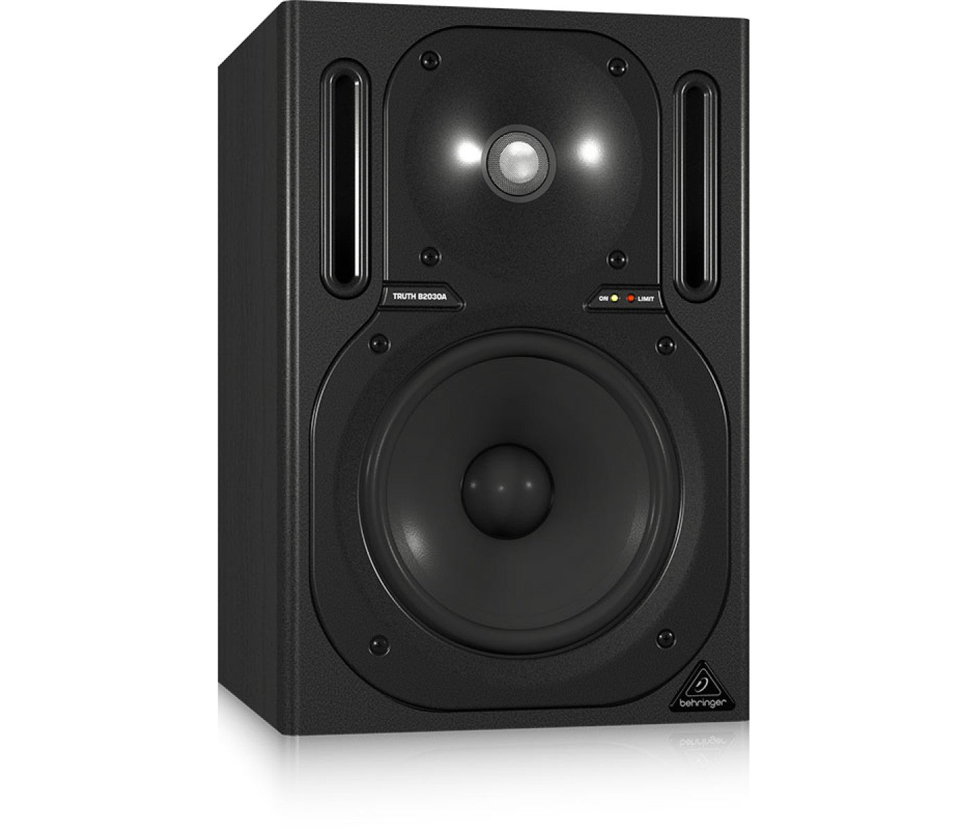Black studio monitor speaker on a white background