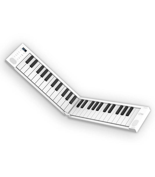A white-finished, portable 49-key folding piano with MIDI controller capabilities.