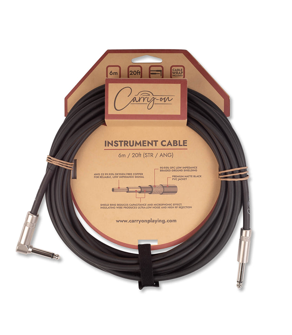 A coiled Carry-On instrument cable with a right angle jack on one end and a plug on the other, packaged on a cardboard backing with the Carry-On logo and product information.