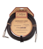 A coiled Carry-On instrument cable with a right angle jack on one end and a plug on the other, packaged on a cardboard backing with the Carry-On logo and product information.