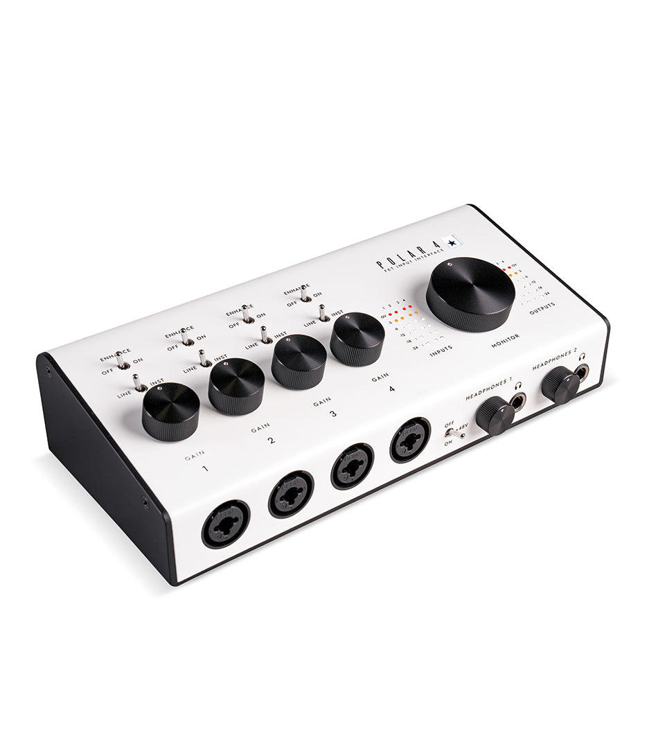 White audio interface with black knobs and jacks on a white background