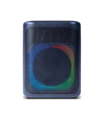 A mid-sized portable Bluetooth party speaker in black color with a multicolored LED light on the front.