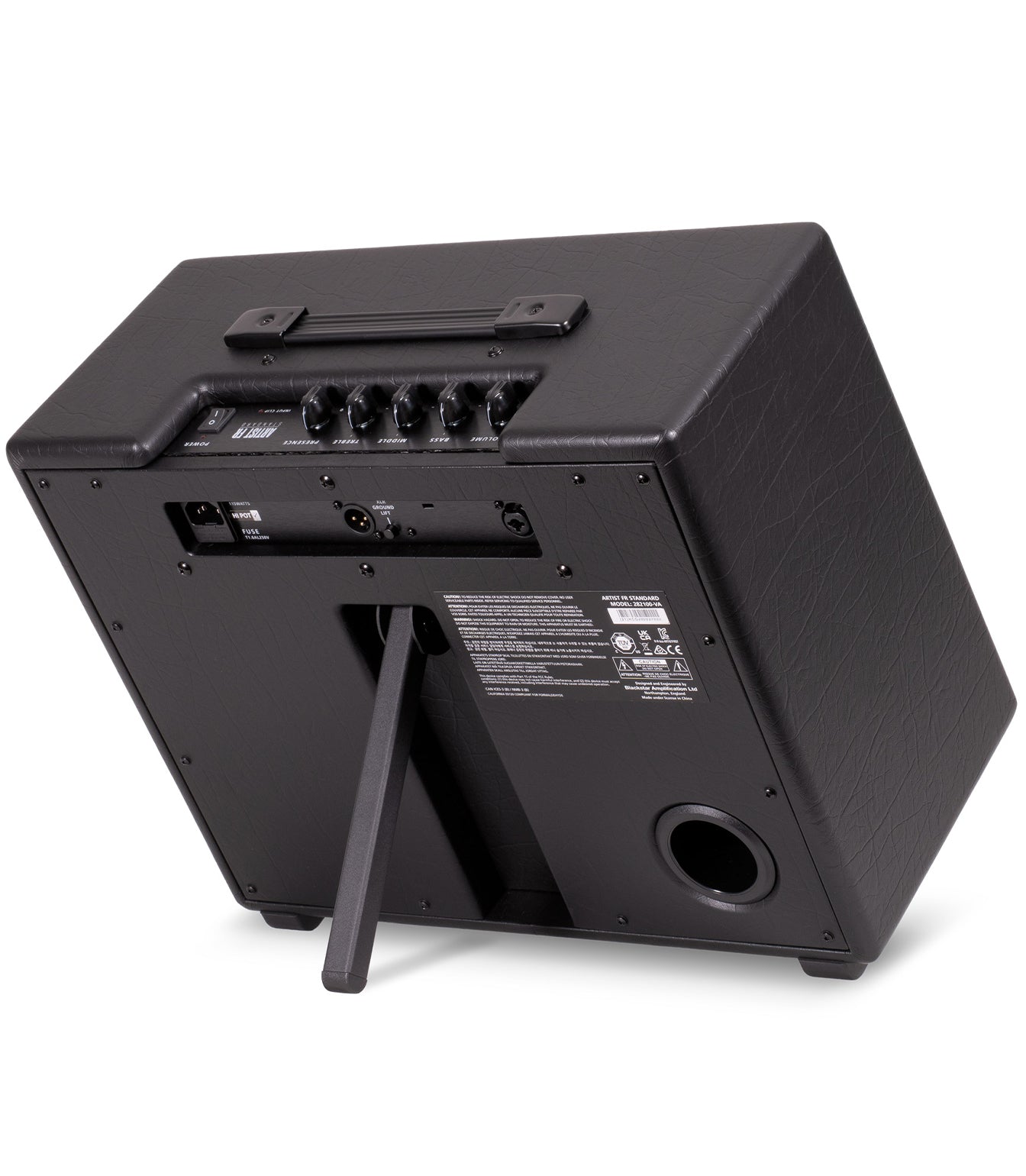 Back view of a black speaker with connectivity ports on a white background