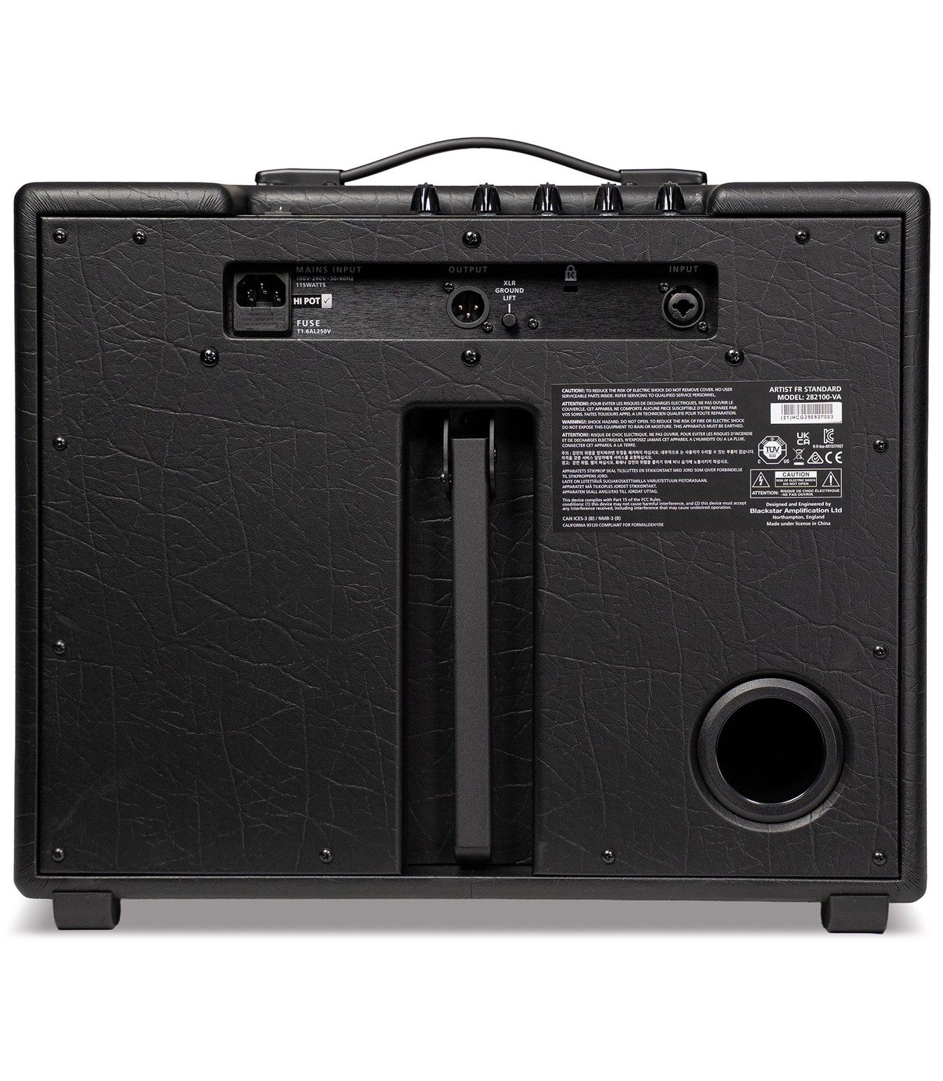 Back view of a black guitar amplifier on a white background