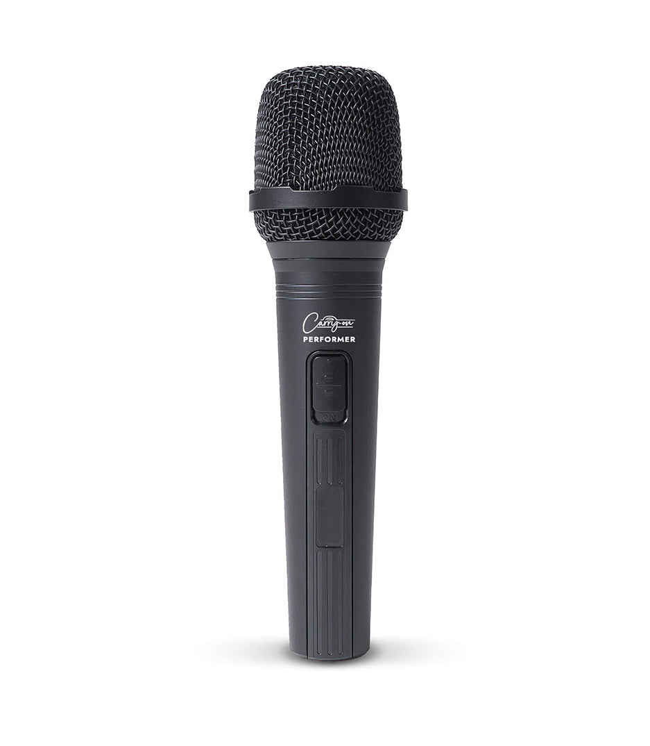 A black Carry-On Dynamic Microphone with XRL-Jack Cable, featuring a clip for attaching to clothing and a hard case.
