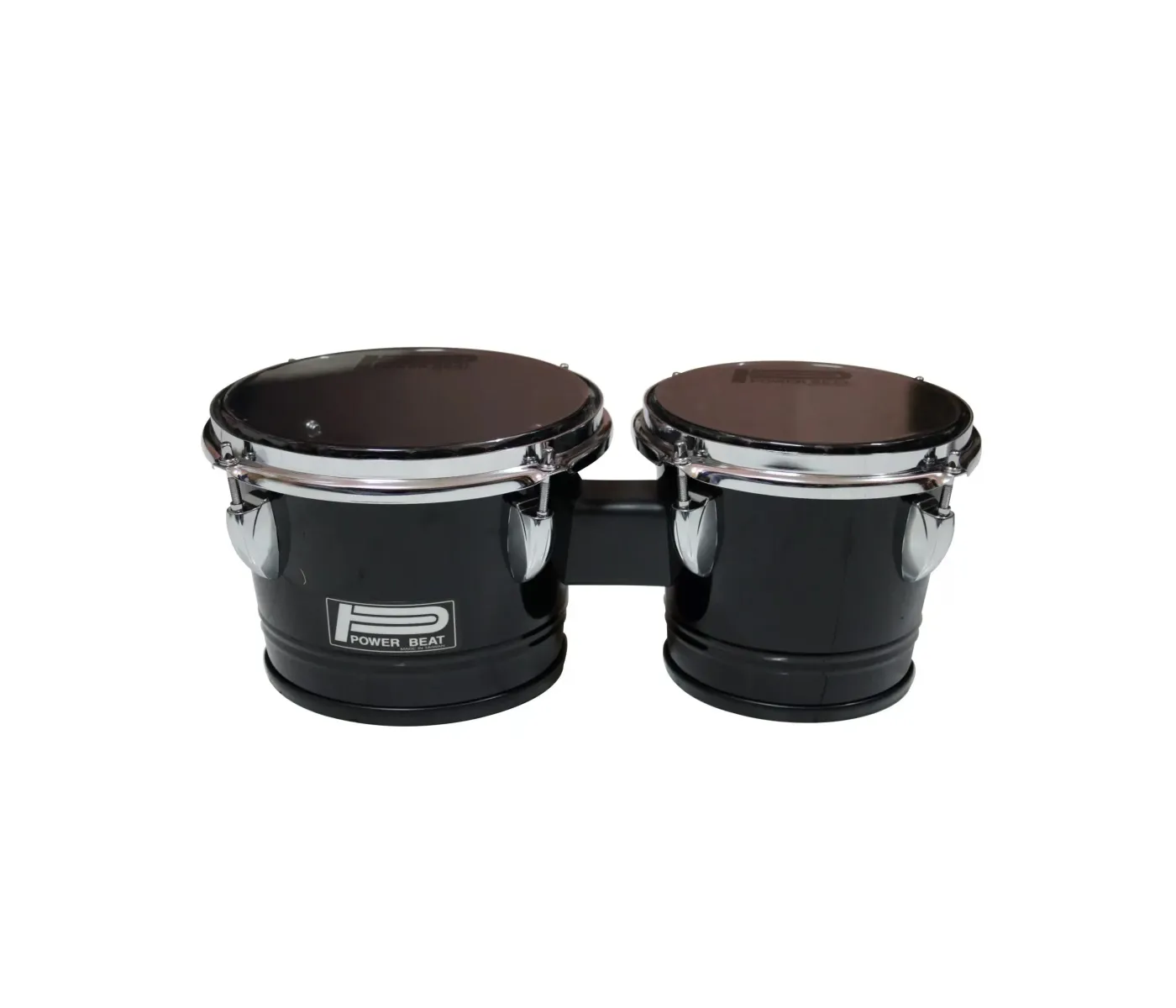 Black bongo drums with chrome hardware on a white background