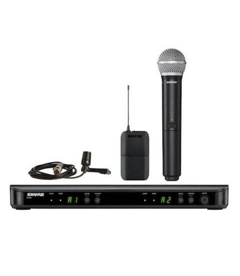 Shure BLX1288 Wireless Combo System with PG58 Handheld and CVL Lavalier Microphone, featuring a black duplexer, transmitters, and microphones.
