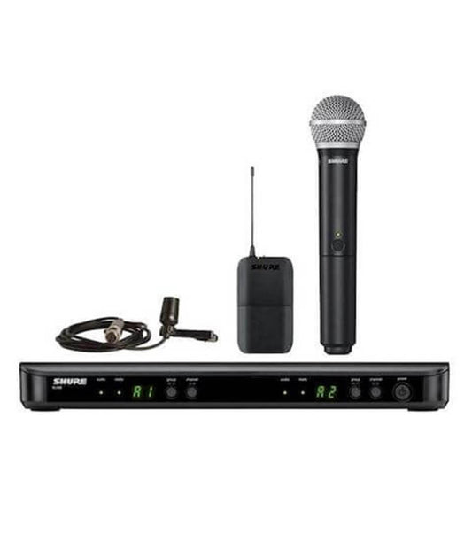Shure BLX1288 Wireless Combo System with PG58 Handheld and CVL Lavalier Microphone, featuring a black duplexer, transmitters, and microphones.