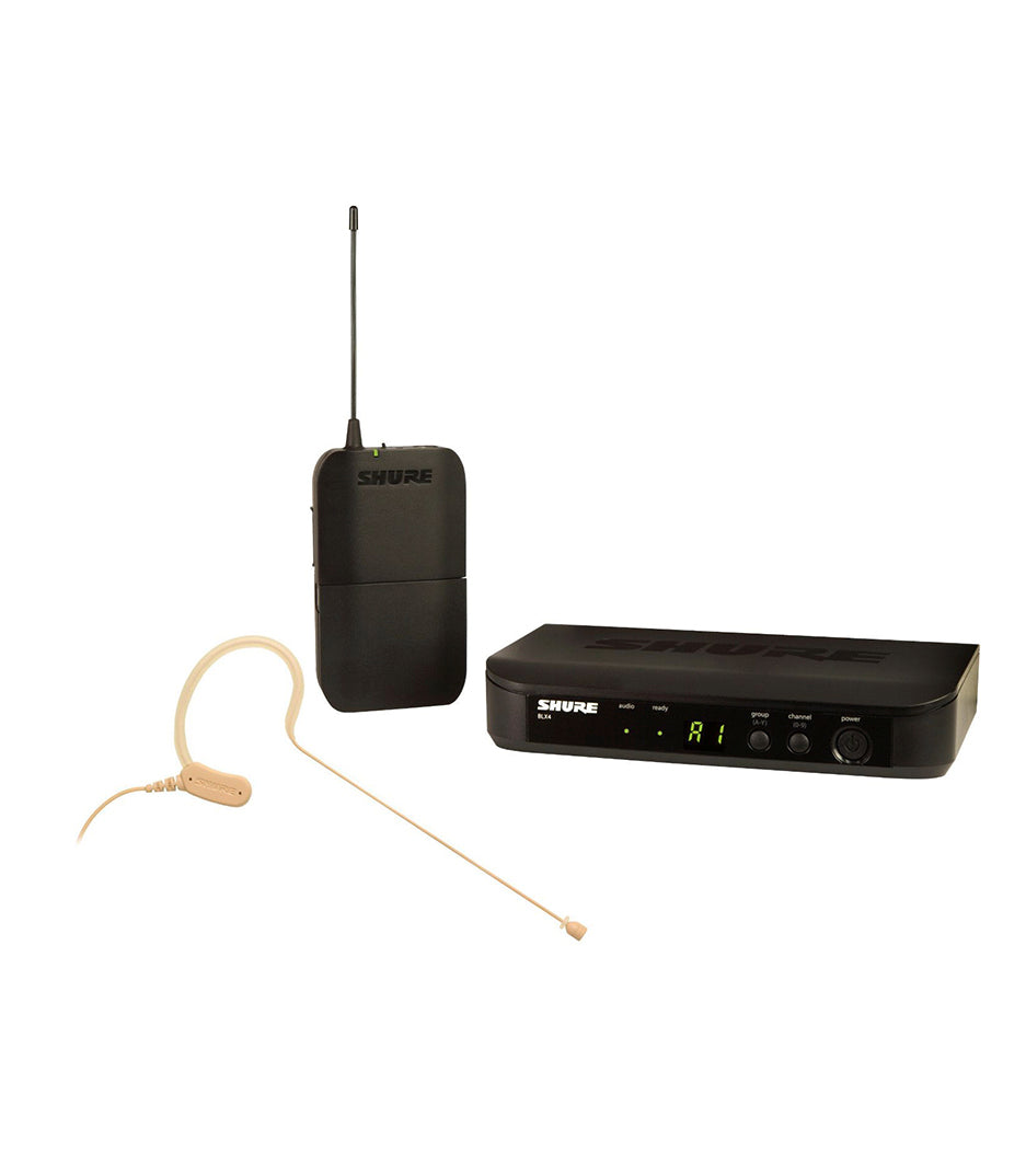 Shure BLX14 Wireless Fitness Headset System with SM31FH Headset Microphone. The image shows a black bodypack transmitter, a black wireless receiver, and a beige headset microphone.