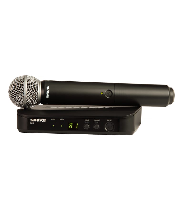 Shure BLX24 wireless vocal system with SM58 handheld microphone, featuring a black color scheme, displayed with its rack mounting system.