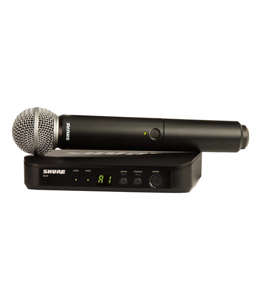 Shure BLX24 wireless vocal system with SM58 handheld microphone, featuring a black color scheme, displayed with its rack mounting system.