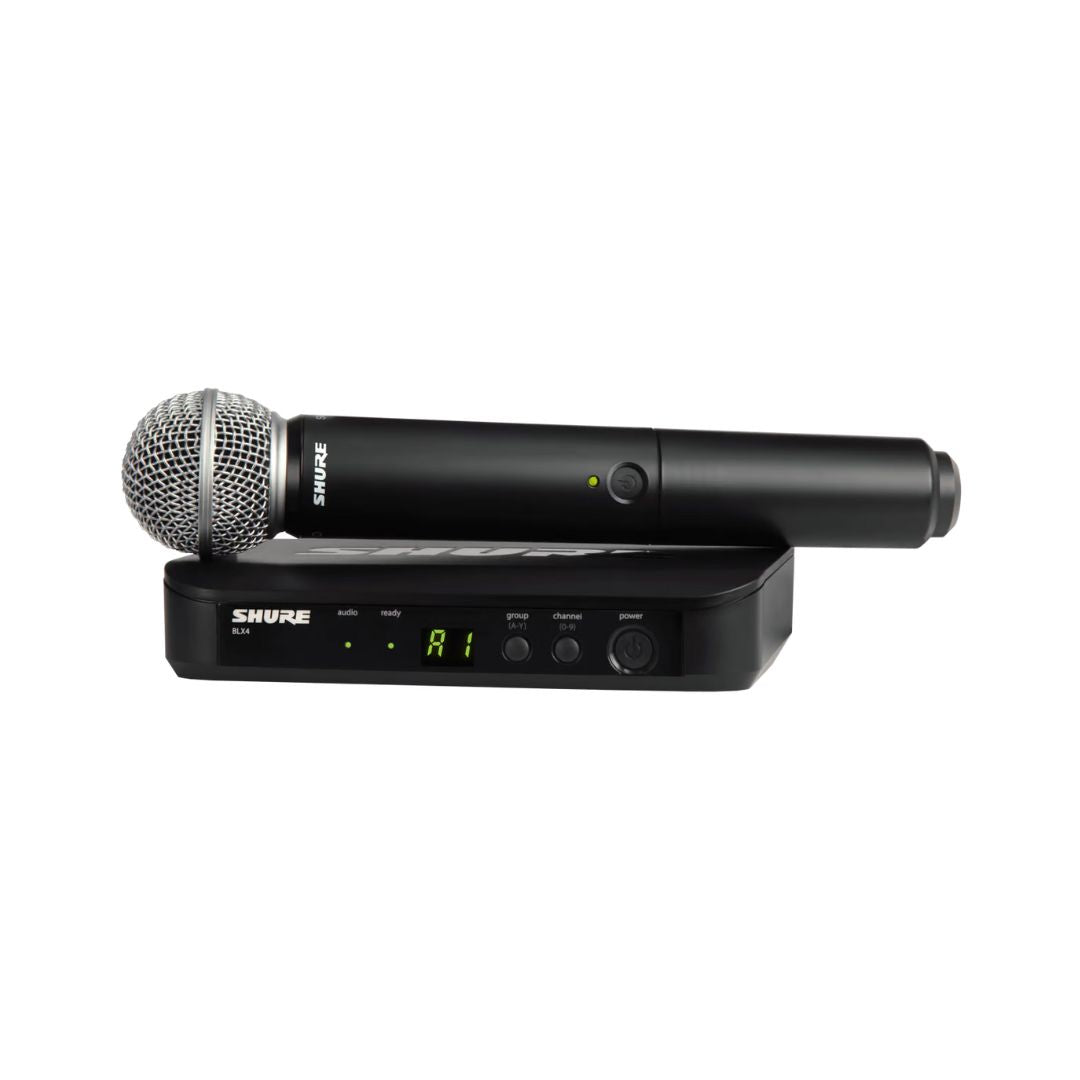 Shure BLX24UK/SM58-H8E Wireless Handheld Microphone System, including a black SM58 handheld microphone and a black BLX4 receiver with digital display.