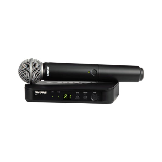 Shure BLX24UK/SM58-H8E Wireless Handheld Microphone System, including a black SM58 handheld microphone and a black BLX4 receiver with digital display.
