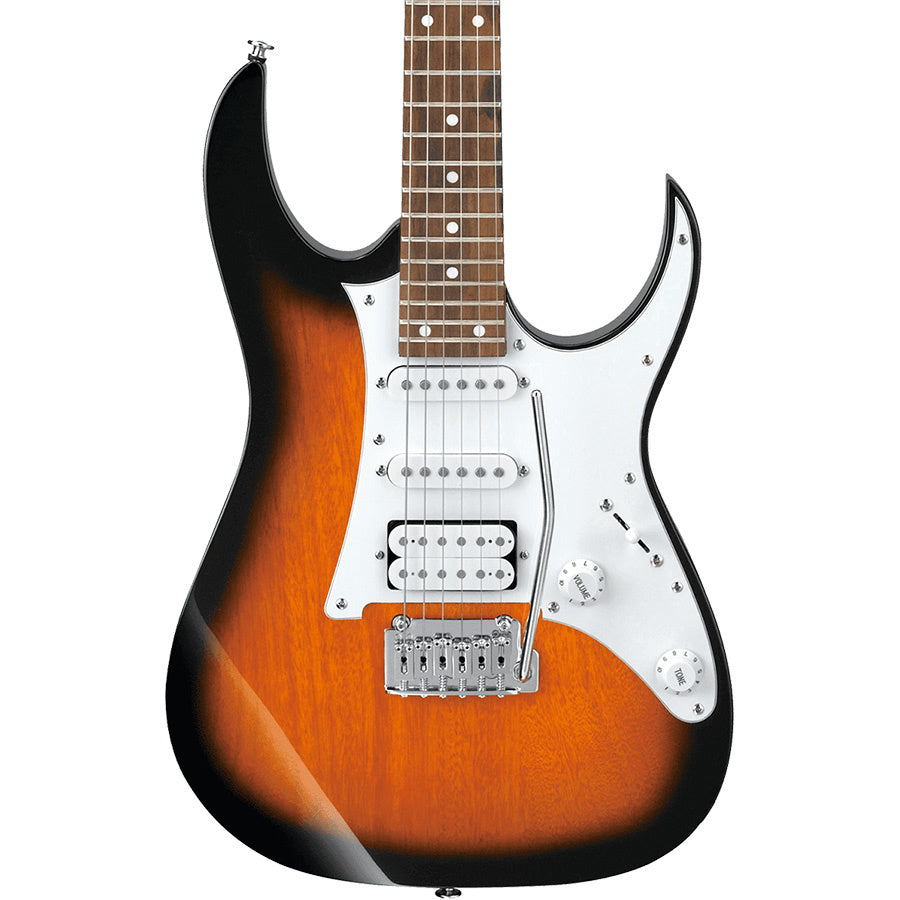 Electric guitar with a sunburst finish on a white background