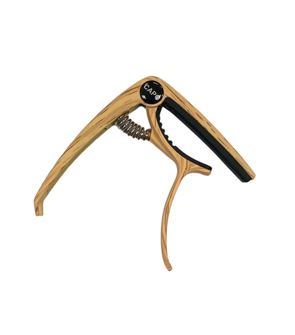 Wooden guitar capo with black handle on a white background