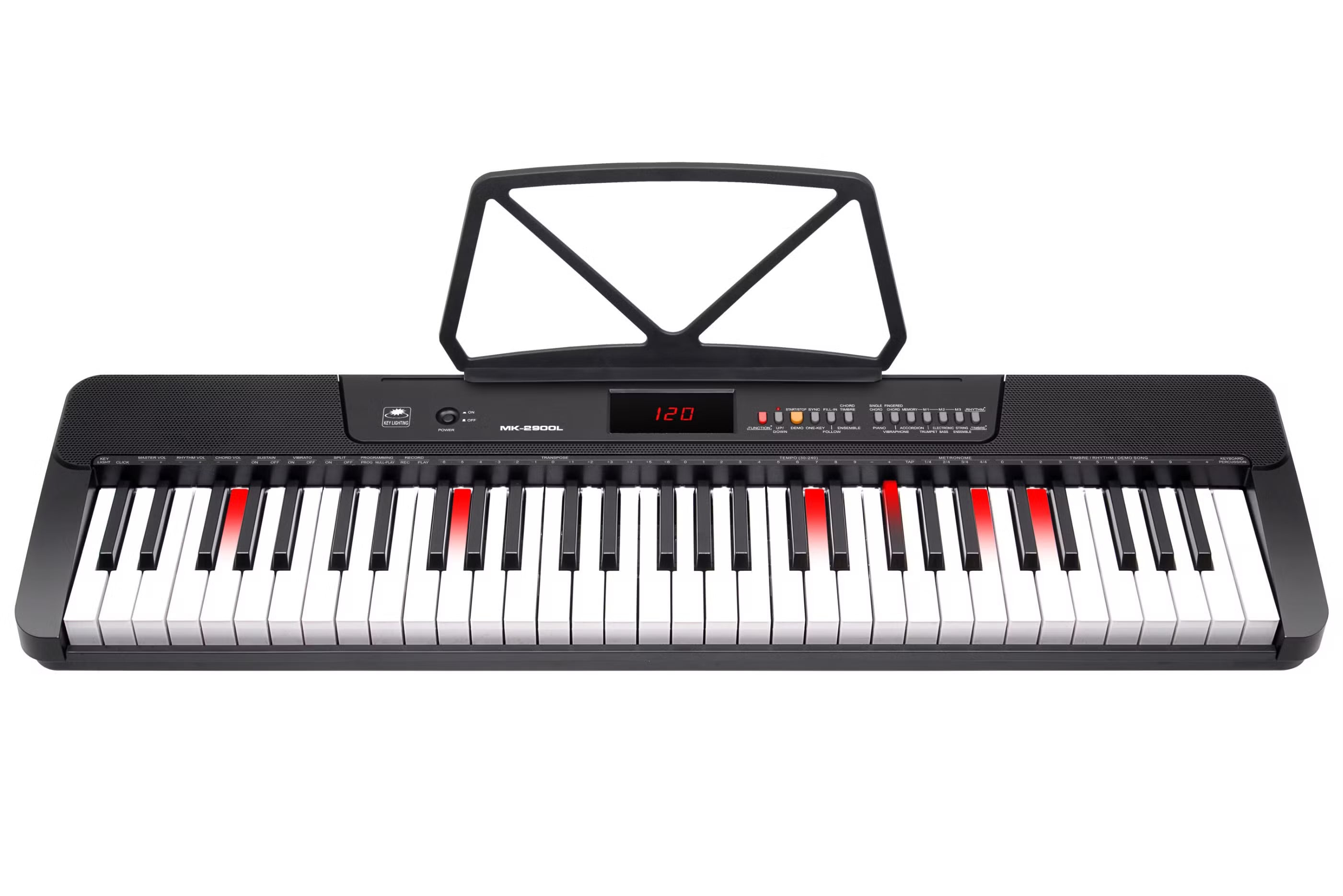Black electronic keyboard with white and red keys on a white background