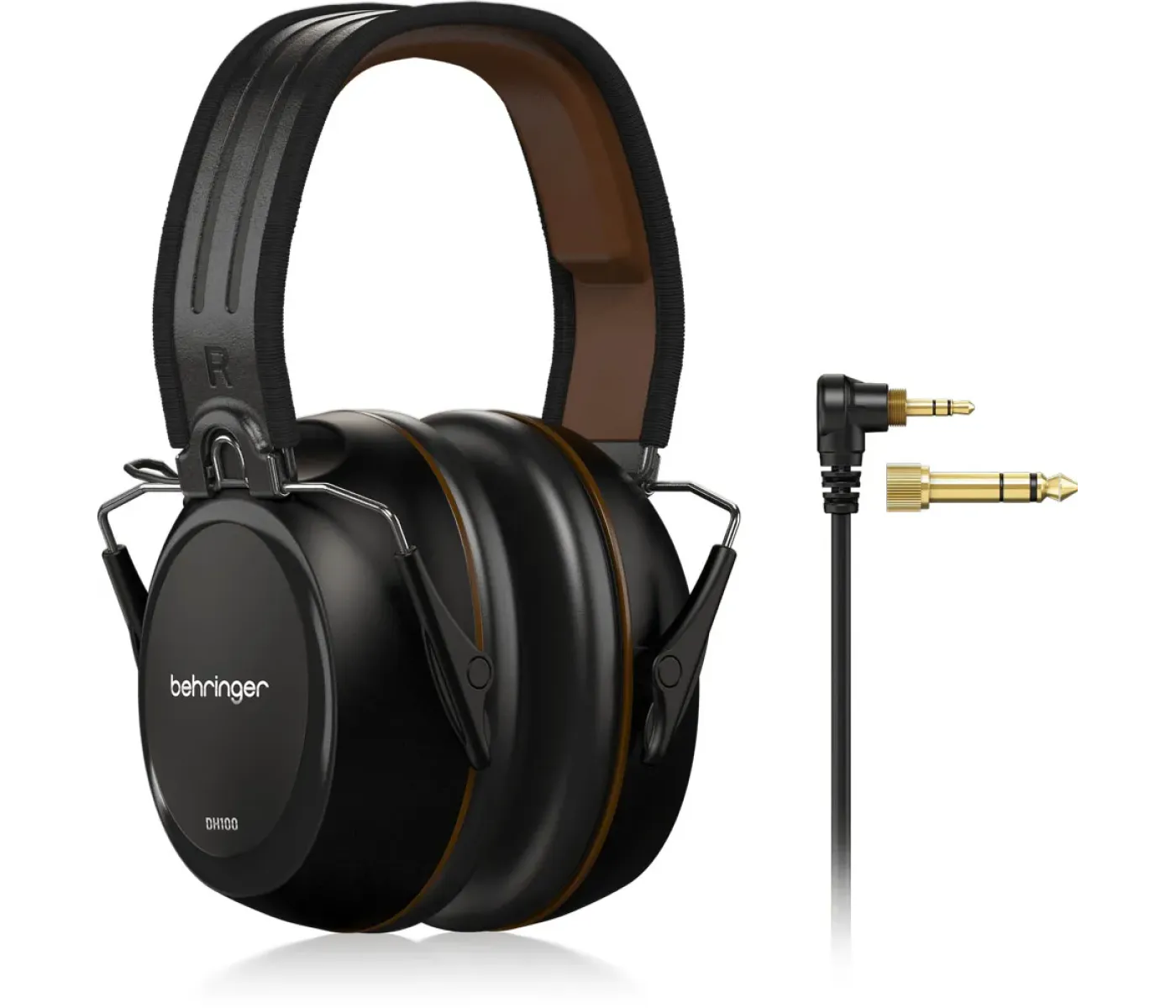 Black headphones with a cable on a white background, featuring the Behringer brand.