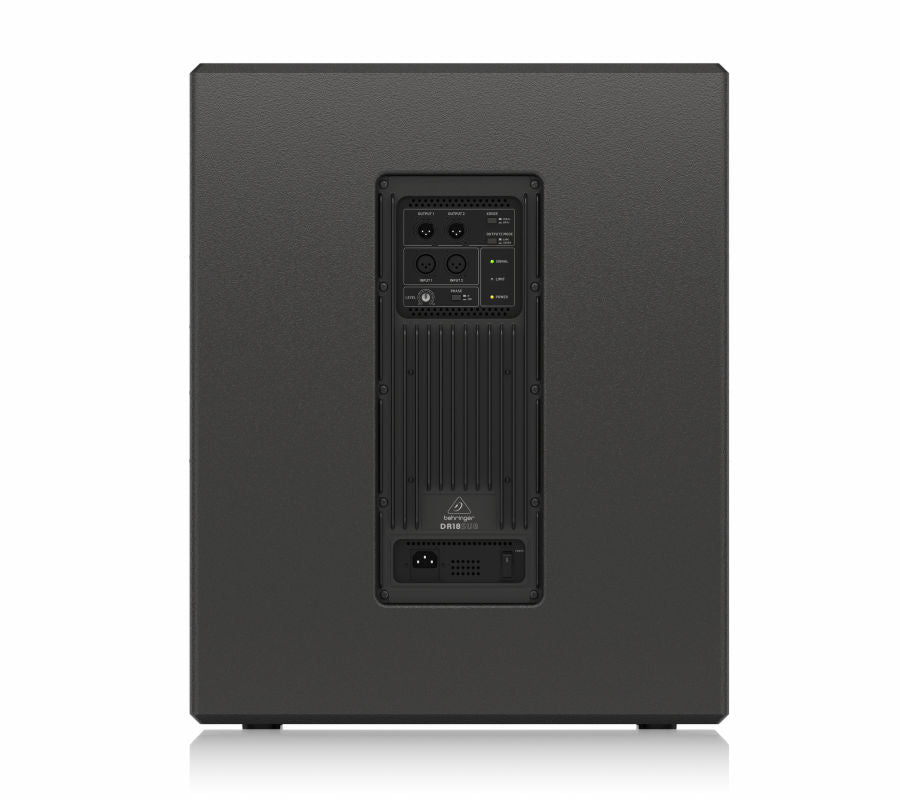 Black subwoofer with control panel on a white background
