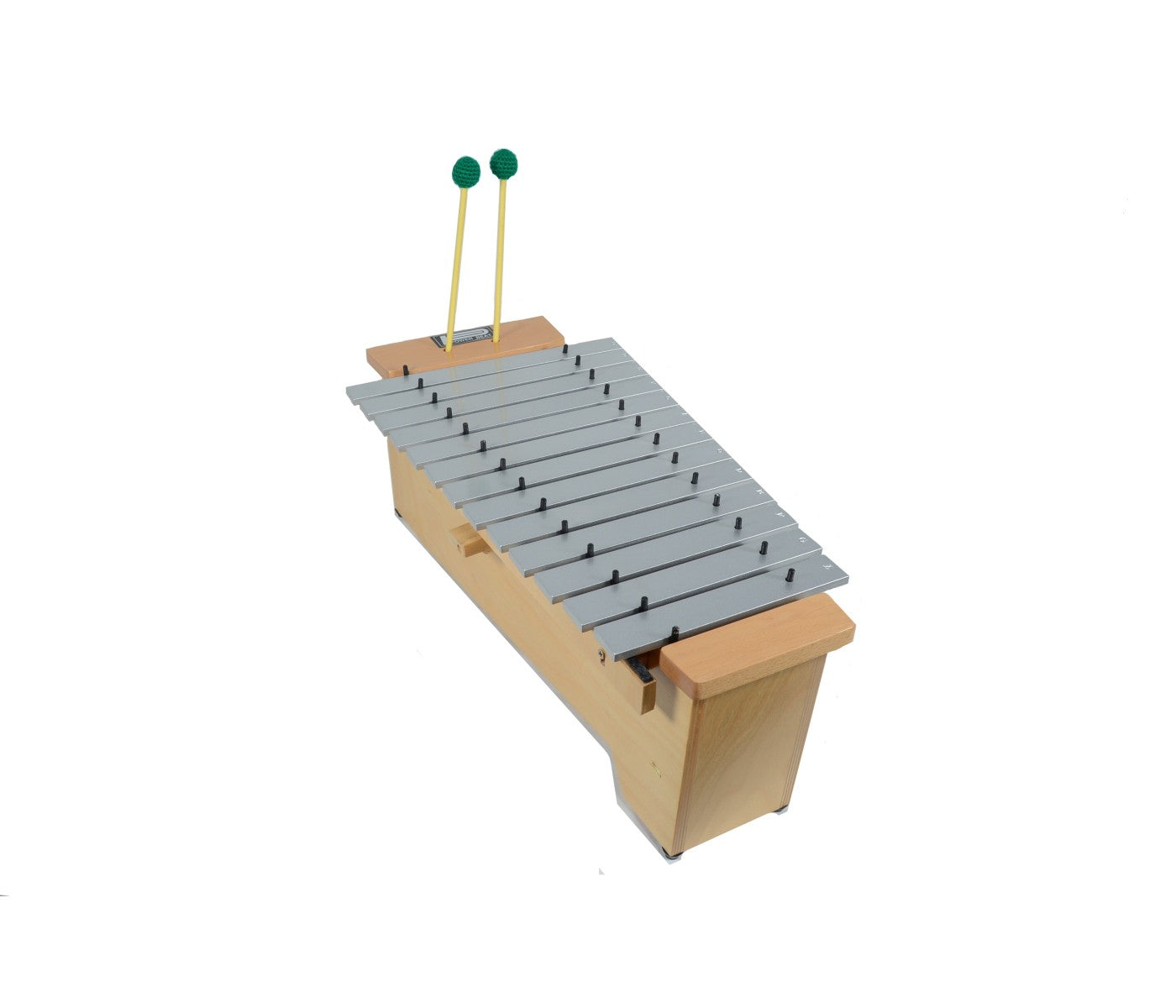 Wooden xylophone with metal bars on a white background
