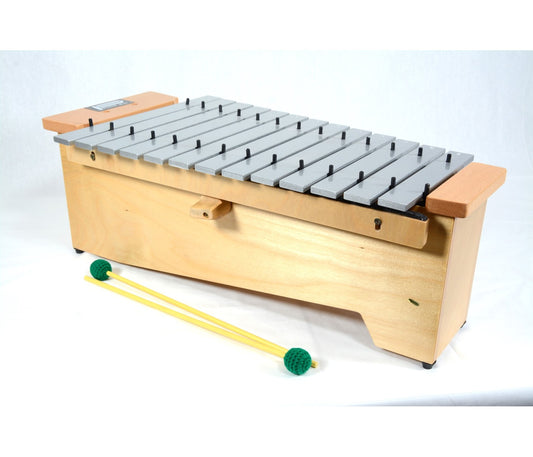 Wooden ribbed instrument with metal bars on a white background