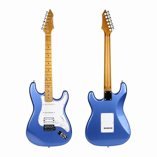 Two blue electric guitars with wooden necks on a white background