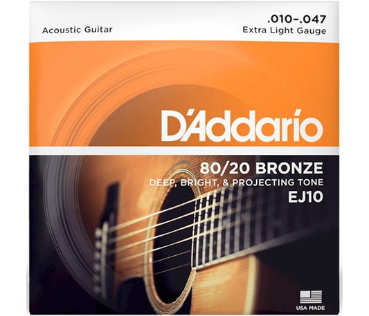 Packaging for D'Addario EJ10 Phosphor Bronze Acoustic Guitar String Extra Light - 10-47 with an image of an acoustic guitar on it.