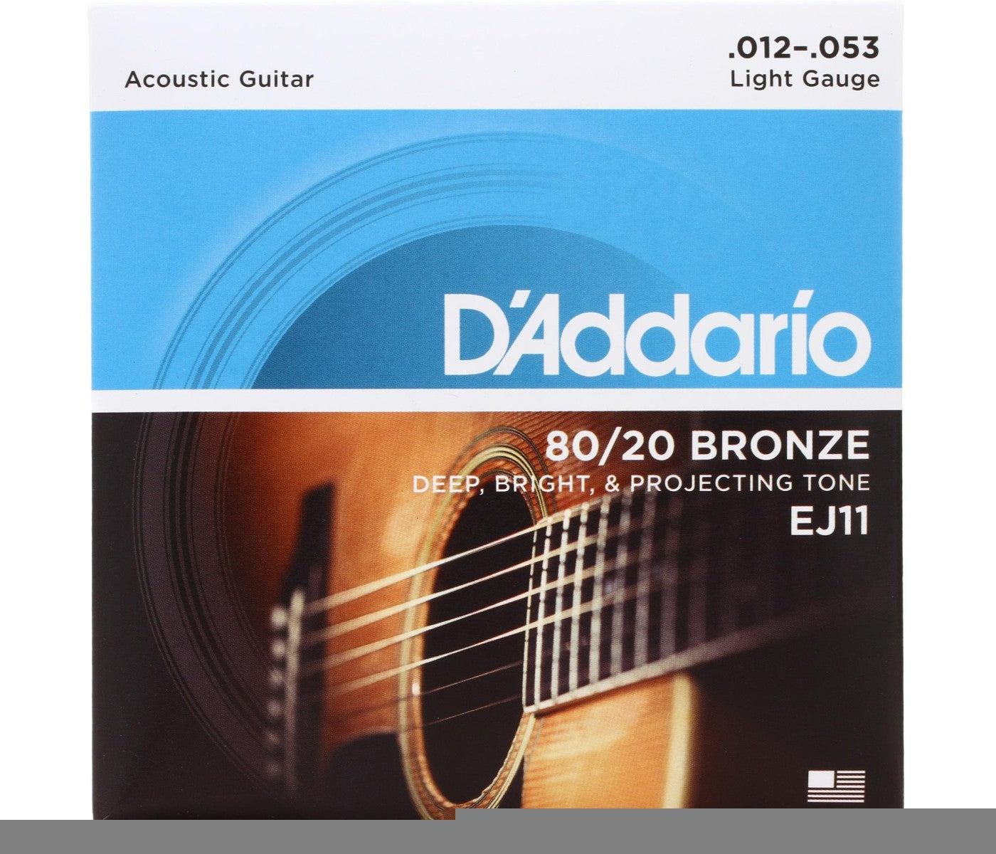 Packaging for D'Addario EJ11 80/20 Bronze Acoustic Guitar Strings in light gauge, showing the string gauges and a guitar.