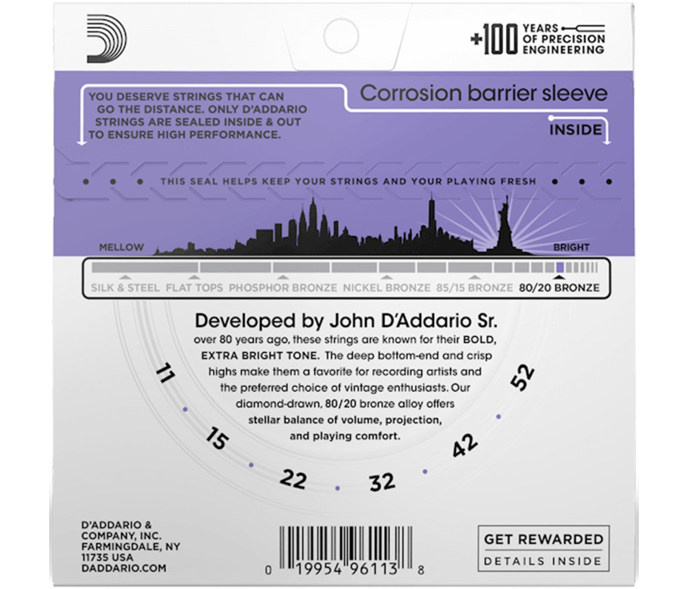 D'Addario EJ13 80/20 Bronze Acoustic Guitar Strings Custom Light - 11-52