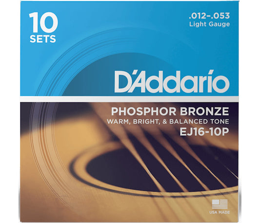 A pack of D'Addario Phosphor Bronze acoustic guitar strings with a light gauge. The packaging is predominantly blue and white, with images of a guitar and the strings themselves.