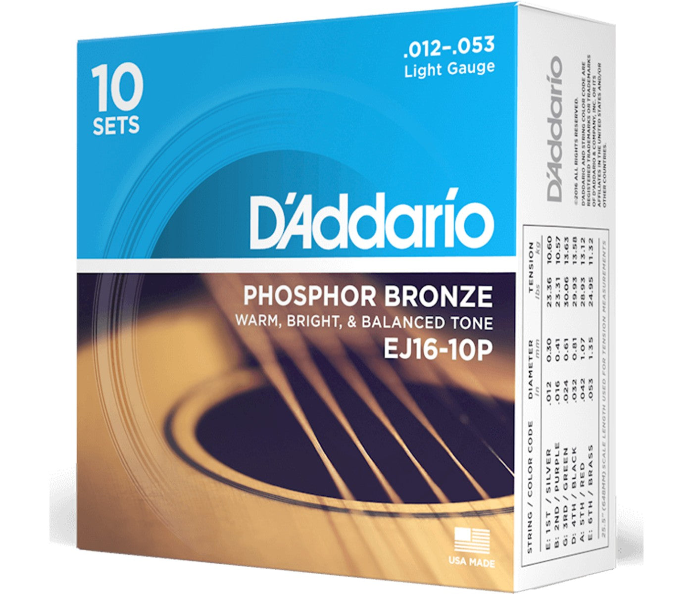 D'Addario EJ16-10P Phosphor Bronze Acoustic Guitar String Light - 12-53