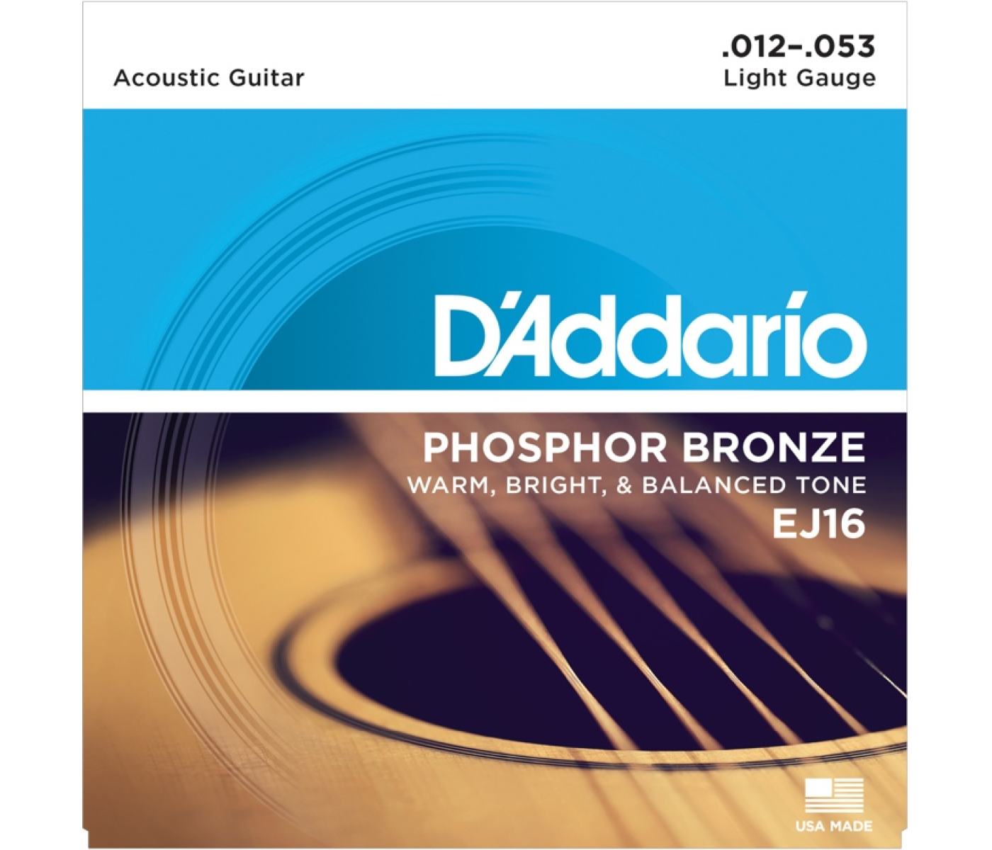 Packaging for D'Addario EJ16 Phosphor Bronze Acoustic Guitar String Light - 12-53 with a blue and orange design featuring an acoustic guitar.