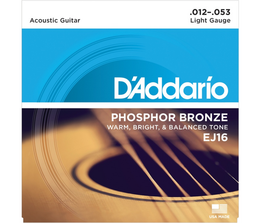 Packaging for D'Addario EJ16 Phosphor Bronze Acoustic Guitar String Light - 12-53 with a blue and orange design featuring an acoustic guitar.