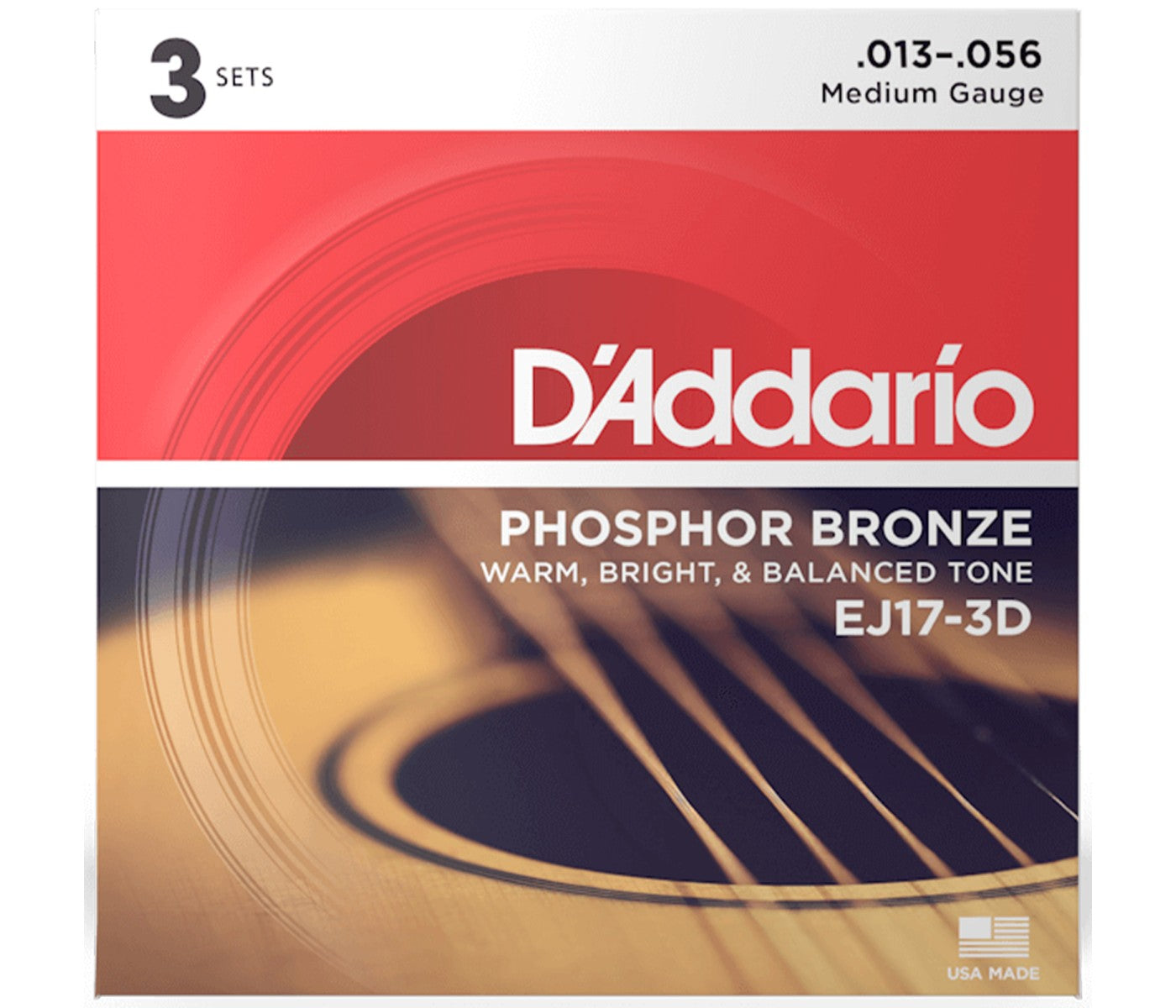 A pack of D'Addario Phosphor Bronze acoustic guitar strings with a medium gauge size, featuring a image of a guitar and the string packaging.