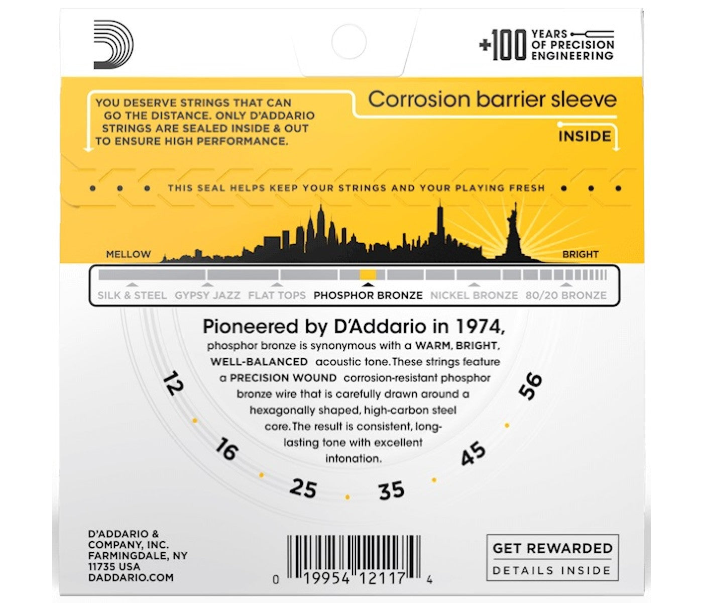 D'Addario EJ19 Phosphor Bronze Acoustic Guitar String Bluegrass Light Top Medium Bottom - 12-56