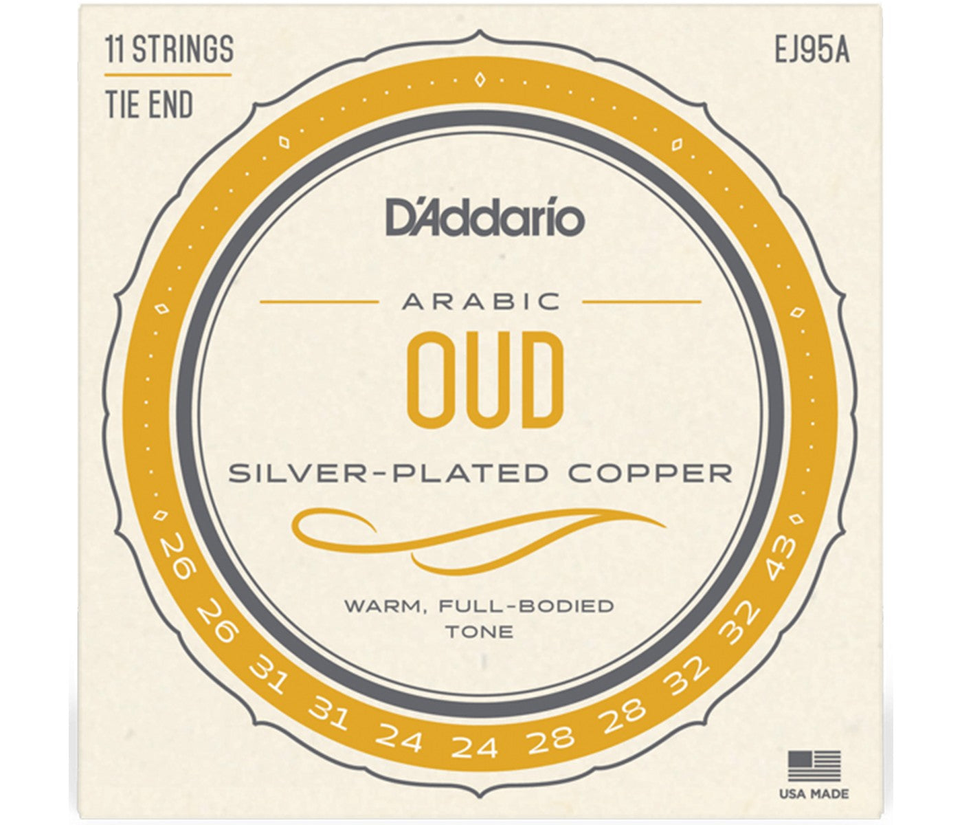 A pack of D'Addario EJ95A Arabic Oud Strings with silver-plated copper tone, featuring 11 strings with a tie end.