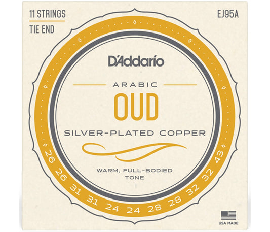 A pack of D'Addario EJ95A Arabic Oud Strings with silver-plated copper tone, featuring 11 strings with a tie end.
