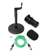 Mackie EM-99B microphone with desktop stand, XLR cable, foam windscreen, and mounting adapter