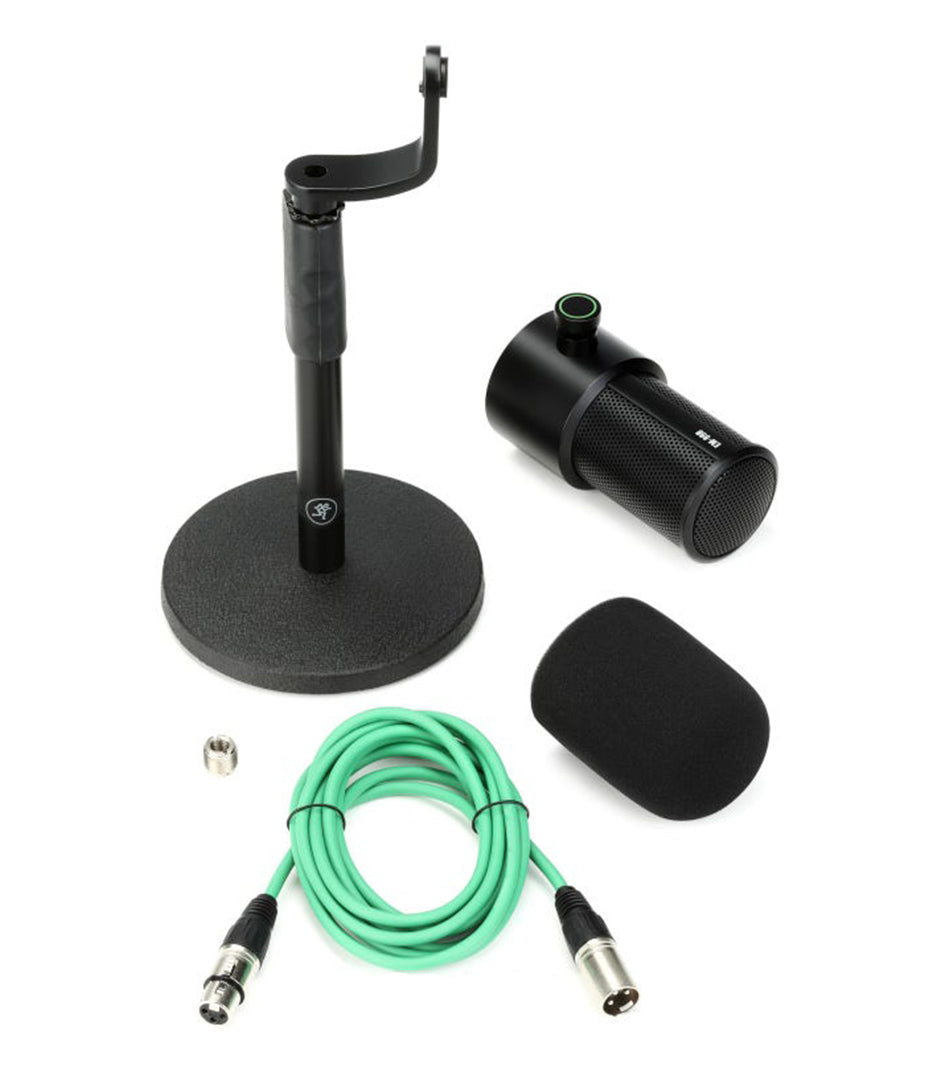 Mackie EM-99B microphone with desktop stand, XLR cable, foam windscreen, and mounting adapter