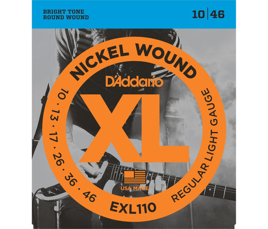A pack of D'Addario XL Nickel Wound electric guitar strings with the gauge indication of 10-46 regular light. The packaging is predominantly orange and black with white text.