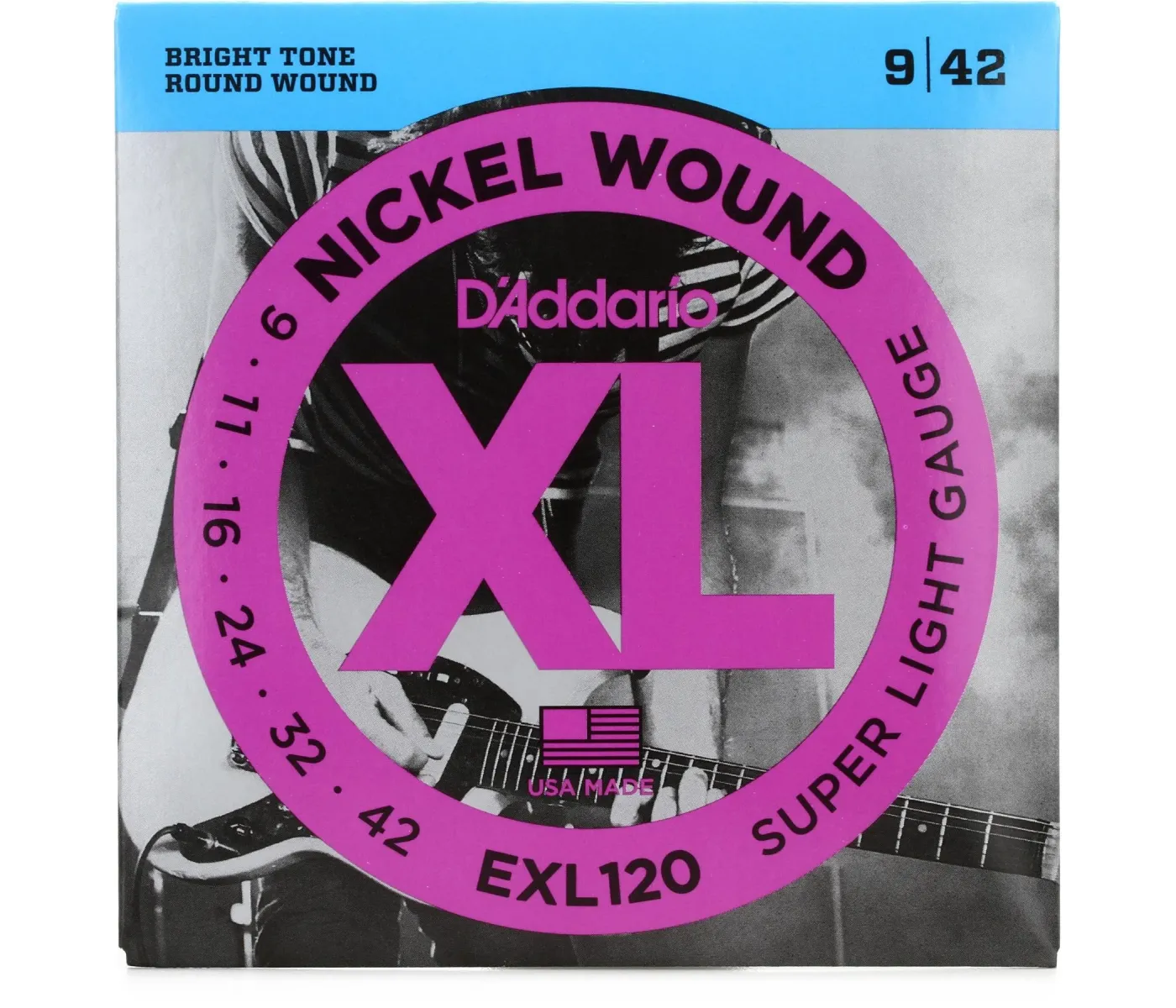 D'Addario XL Nickel Wound guitar string set packaging with a black and white guitar image.