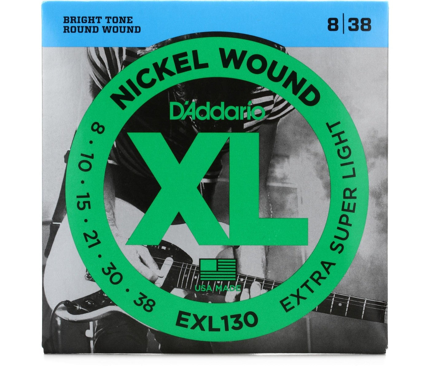 A pack of D'Addario XL Nickel Wound electric guitar strings in extra-super light gauge, with packaging indicating the gauge sizes and the product line.