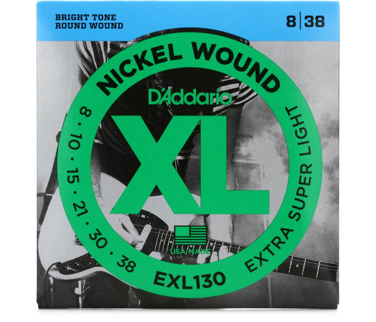 A pack of D'Addario XL Nickel Wound electric guitar strings in extra-super light gauge, with packaging indicating the gauge sizes and the product line.