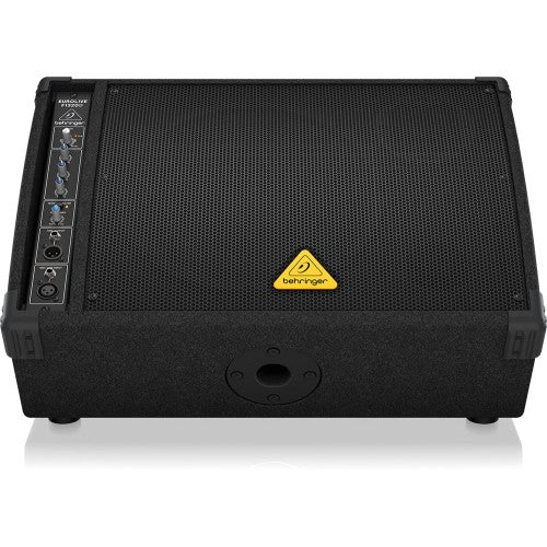 A black Behringer Eurolive F1320D 300W active floor monitor with a 12 inch woofer and a control panel on the front.