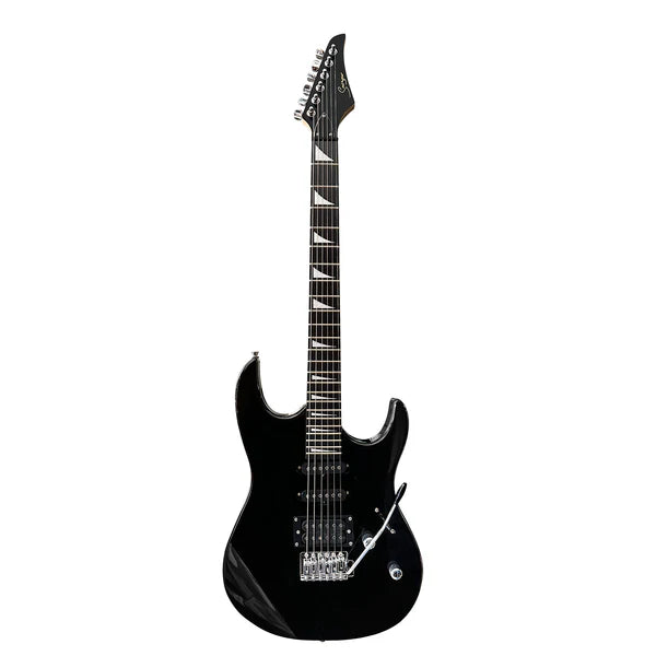 Black electric guitar on a white background