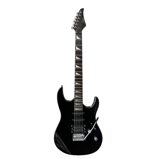 Black electric guitar on a white background